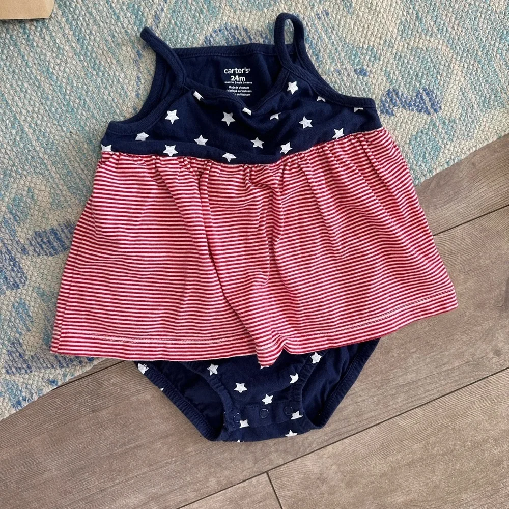 New Carter's Baby Toddler Girls American Flag Cotton Romper Dress Patriotic